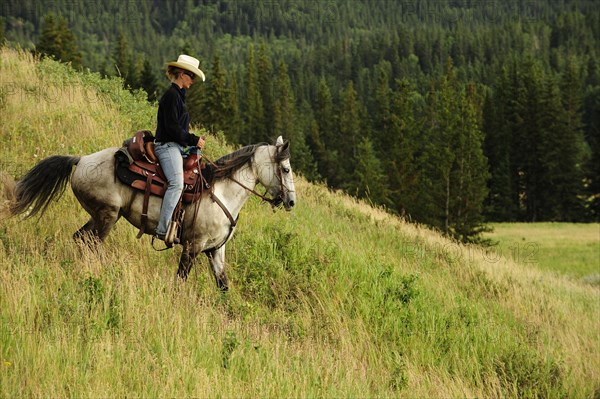 Cowgirl riding a gray horse through the prairie