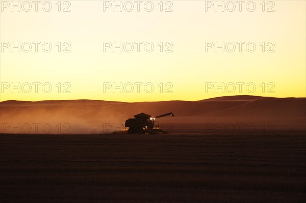 Combine harvester bringing in the harvest at sunset