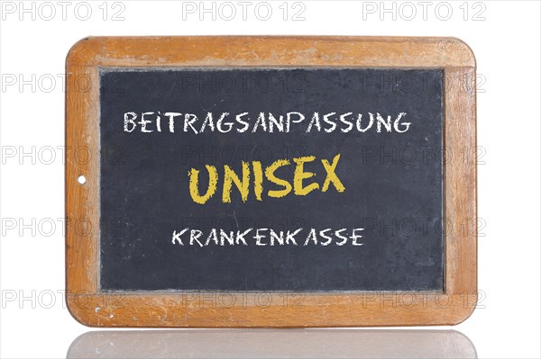 Old school blackboard with the words Beitragsanpassung UNISEX Krankenkasse