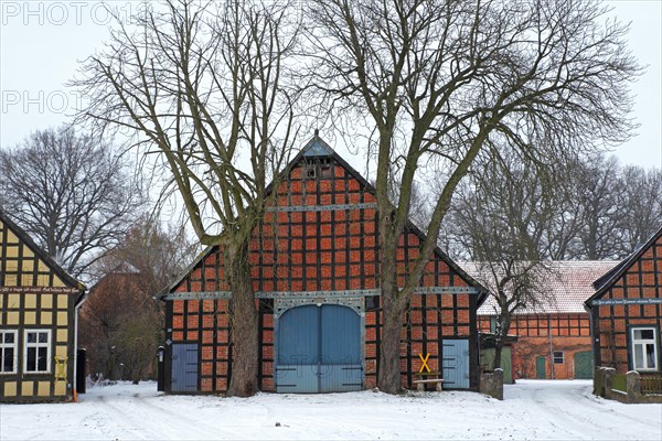 Historic Lower Saxon half-timbered houses in rundling village of Satemin