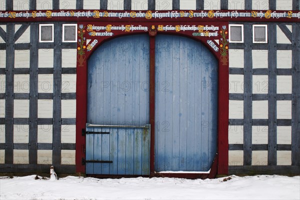 Historic Lower Saxon half-timbered house in rundling village of Jabel