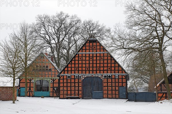 Historic Lower Saxon half-timbered houses in rundling village of Jabel