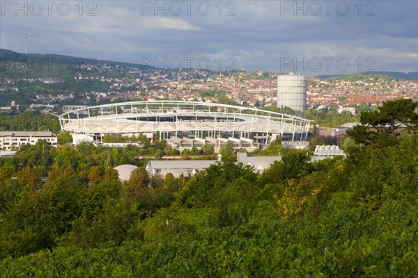 View across vineyards to the Mercedes-Benz Arena
