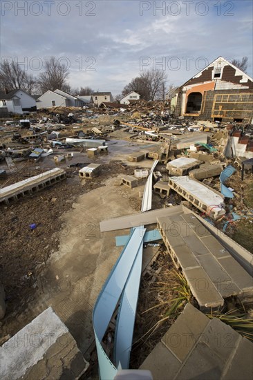 Debris from destruction of a seaside community by Hurricane Sandy