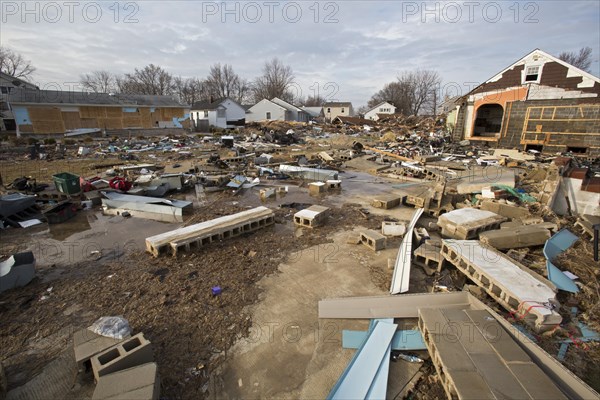 Debris from destruction of a seaside community by Hurricane Sandy