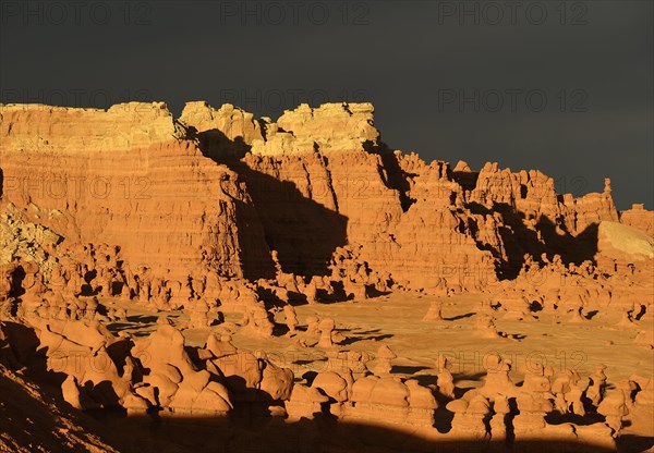Eroded hoodoos and rock formations of Entrada Sandstone in the morning light
