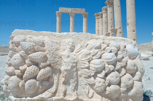 Bas-reliefs on marble in the Temple of Bel in the ancient city of Palmyra