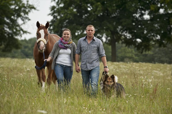 A man and a women walking across a meadow with a horse and dogs