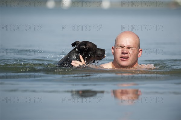 A man and a dog swimming in a lake