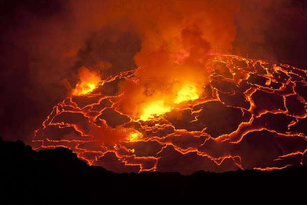 Boiling lava lake in the crater of Mount Nyiragongo volcano