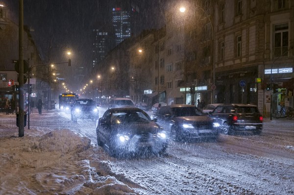 Rush-hour traffic in Frankfurt during heavy snowfall