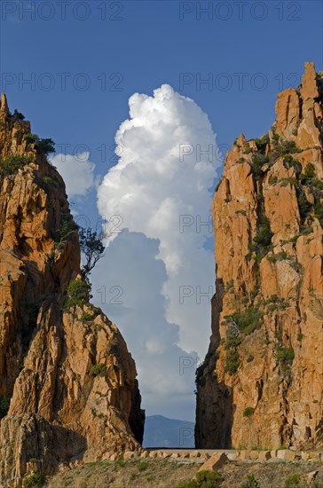 The typical bizarre red rocks of the Calanche of Piana below a blue sky and some clouds. The Calanche of Piana is in the western part of the island Corsica