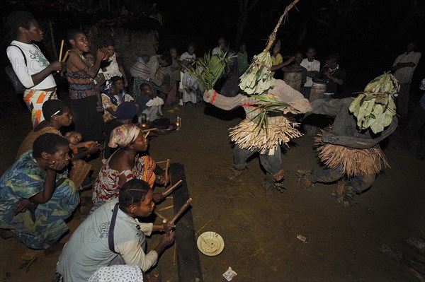 Pygmies of the Bakola people celebrating with song and dance