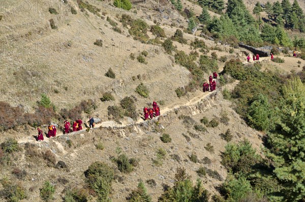 Monks and nuns wearing red cloths walking on a small path along a mountain slope