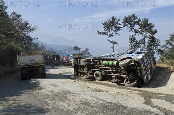 Overturned truck on the Kathmandu - Pokhara highway