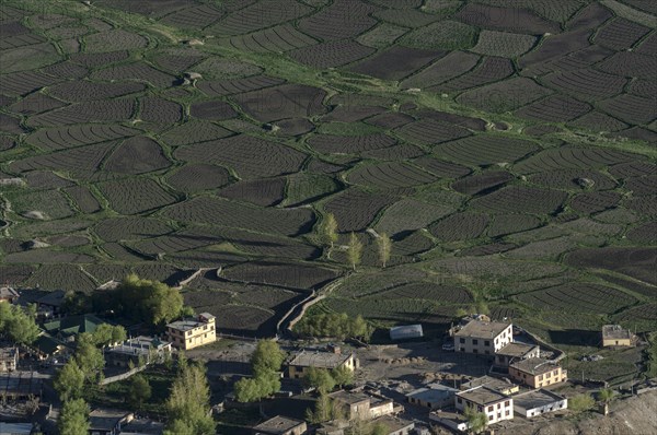 Aerial view of Kaza village and small fields