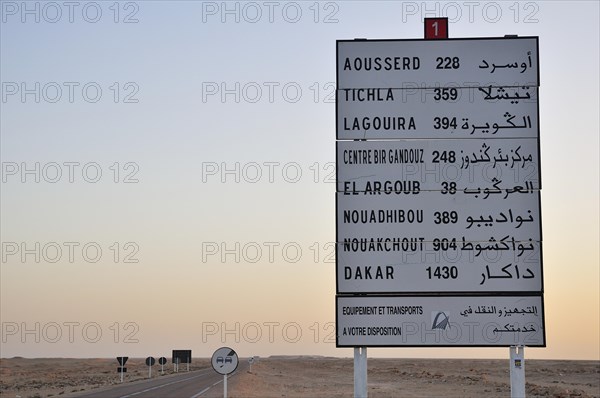 Distance information board towards Mauritania and Senegal