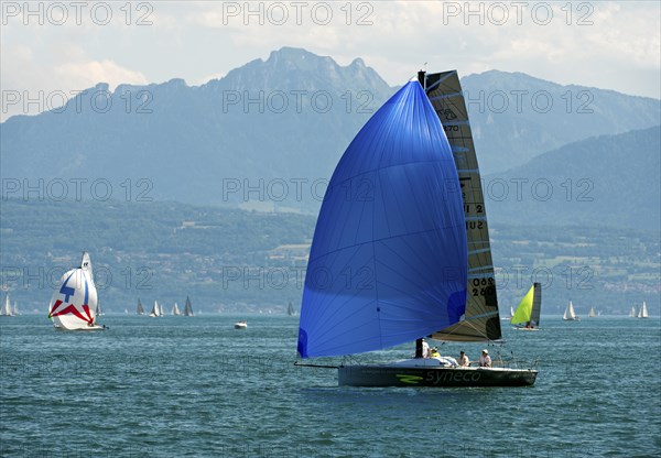 Sailboat of the Luthi 870 type with spinnaker headsail on Lake Geneva near Morges