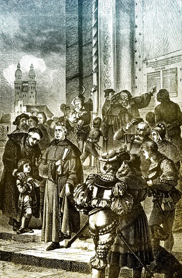 Martin Luther hammering his 95 theses to the door of the Castle Church in Wittenberg
