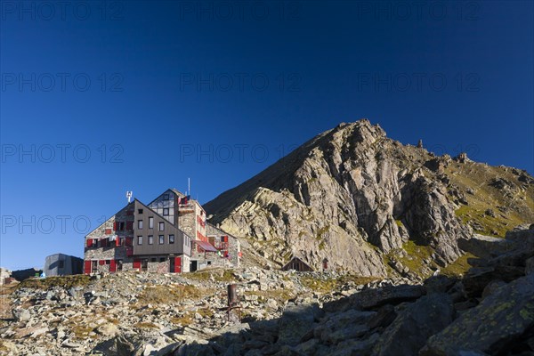 Rifugio Quintino Sella mountain hut below  Monte Viso or Monviso Mountain