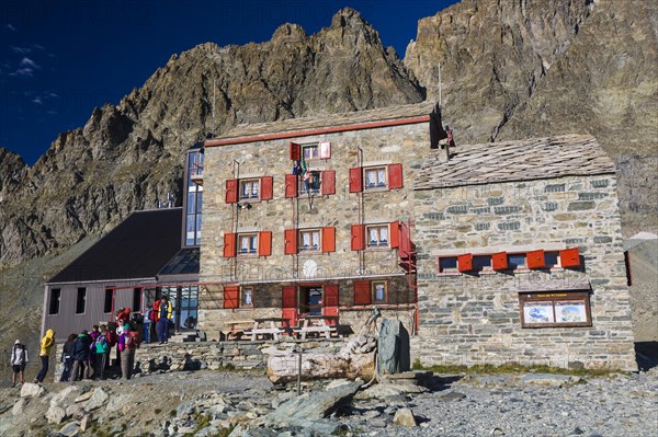 Rifugio Quintino Sella mountain hut below  Monte Viso or Monviso Mountain