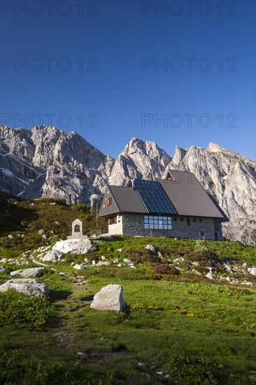 Rifugio Garelli mountain hut in front of the northern face of Punta Marguareis Mountain