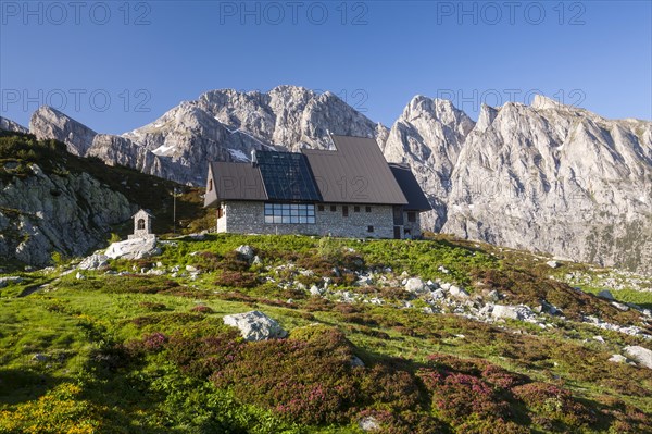 Rifugio Garelli mountain hut in front of the northern face of Punta Marguareis Mountain