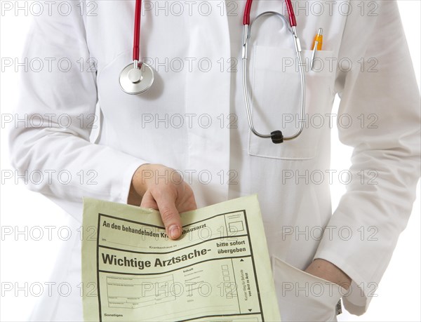 Female doctor holding a medical document of a consultation for the family doctor or attending physician of the patient