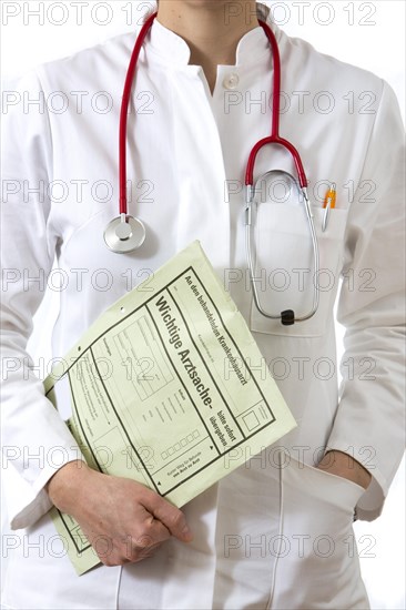 Female doctor holding a medical document of a consultation for the family doctor or attending physician of the patient