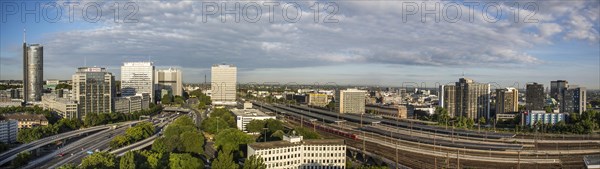 Skyline along the A40 motorway or Ruhrschnellweg with RWE Tower