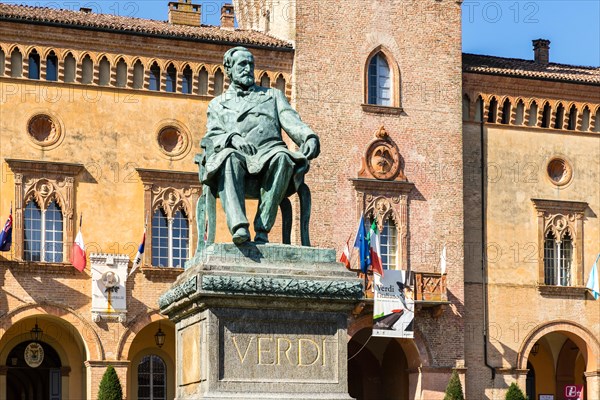 Verdi Monument in front of Rocca Pallavicino with Opera House Teatro Guiseppe Verdi