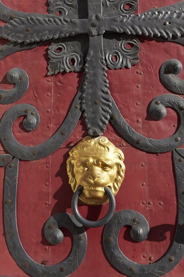 Historic door with fittings and a lion head door knocker
