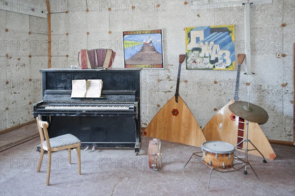 Music room of the school of the abandoned Russian mining town of Pyramiden