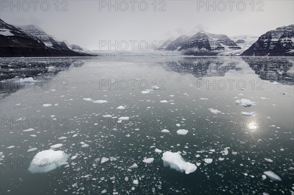 Icebergs in front of cloud veiled mountain and glacier scenery