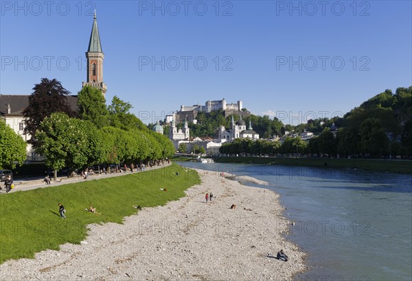 View from the Muellnersteg bridge over the Salzach River towards the historic town centre