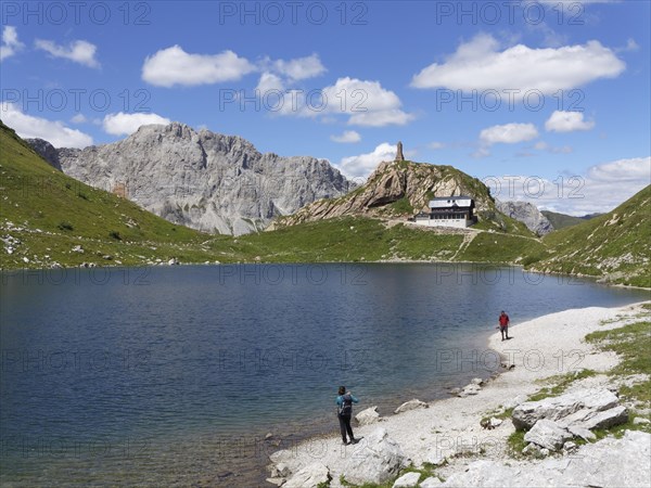 Wolayer Lake or Wolayersee with Wolayersee hut and war memorial