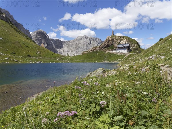 Wolayer Lake or Wolayersee with Wolayersee hut and war memorial