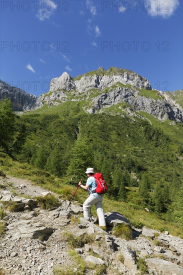 Hiker ascending on a trail in front of Weißsteinspitze Mountain