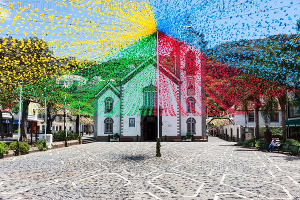 Festive decorations in front of the parish church of Sao Bento in Ribeira Brava