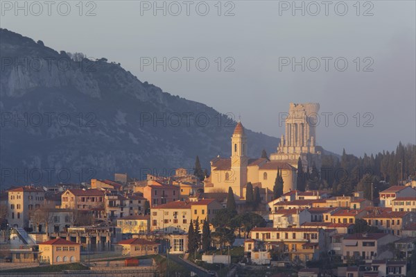 View over La Turbie with Tropaeum Alpium in the evening light