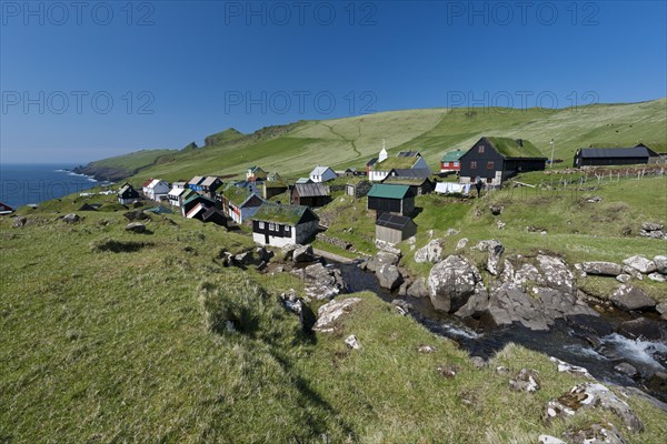 Village with houses mostly in the traditional Faroese style