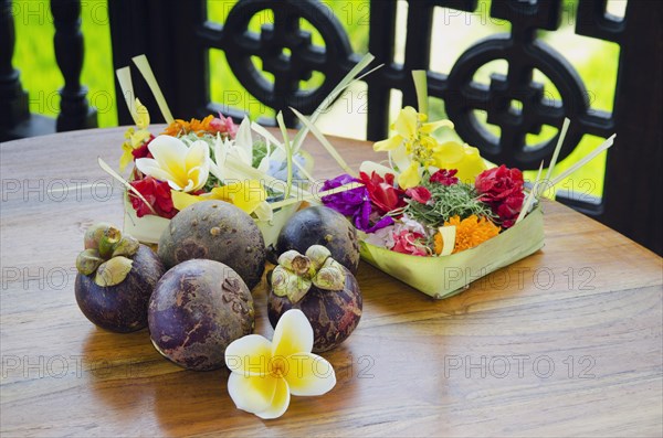 Purple mangosteen fruits (Garcinia mangostana) with frangipani flowers