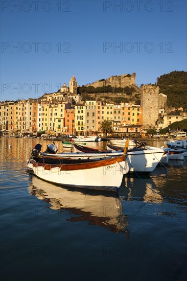 Fishing boats in the harbour in front of the historic town centre of Porto Venere