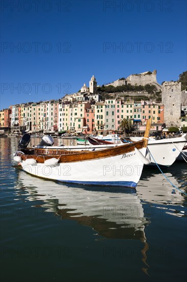 Fishing boats in the harbour in front of the historic town centre of Porto Venere