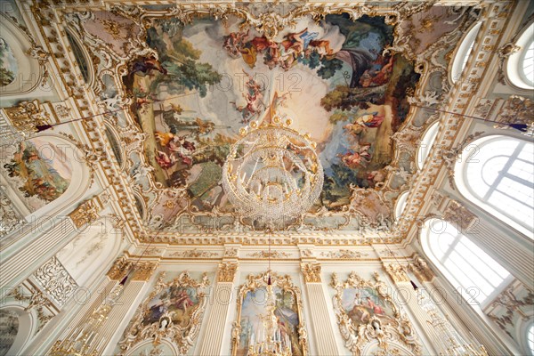 Ceiling frescoes and chandeliers at Schloss Nymphenburg Palace