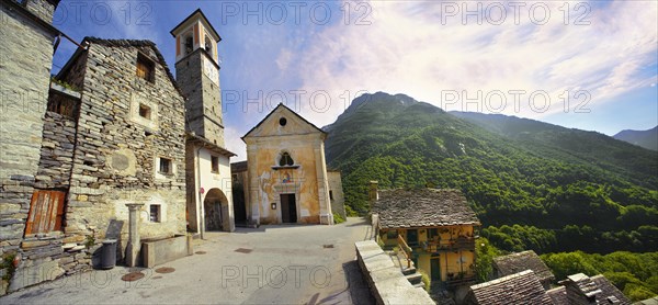 Rustic mountain peasant village of Corippo with stone houses and church