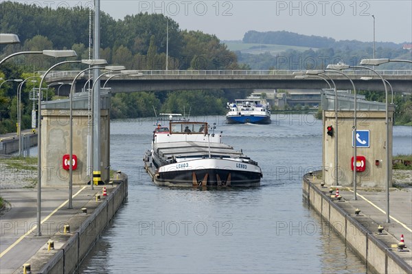 Cargo ship entering a lock