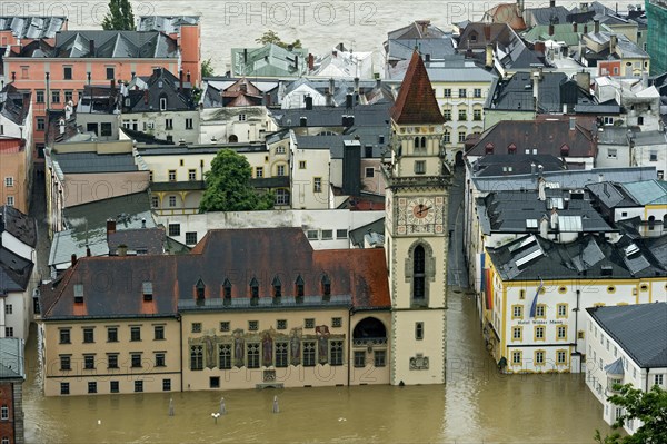 Historic town centre with the Town Hall and Hotel Wilder Mann during the flood on 3rd June 2013