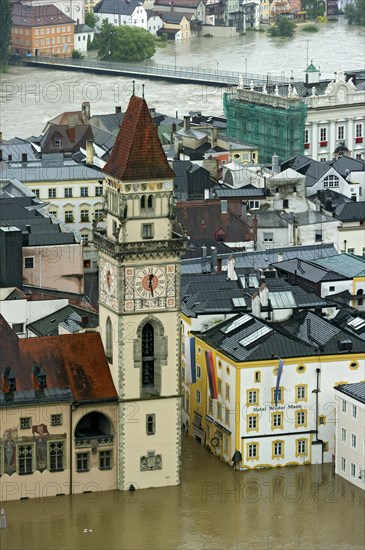 Historic town centre with the Town Hall and Hotel Wilder Mann during the flood on 3rd June 2013