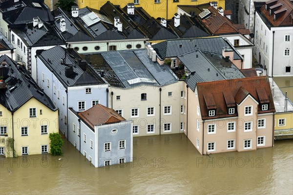 Flooded houses in the historic town centre alongside the Danube River during the floods on 3rd June 2013